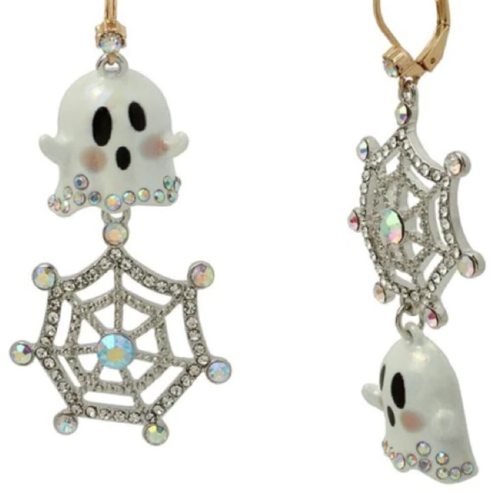 Betsey Johnson Halloween Ghost Web Mis-Matched Earrings Glow In the Dark
